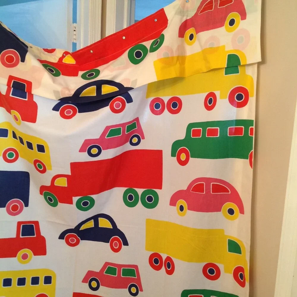 Vintage 70's Marimekko Dan River Bo Boo Cars Trucks Fabric Shower Curtain
